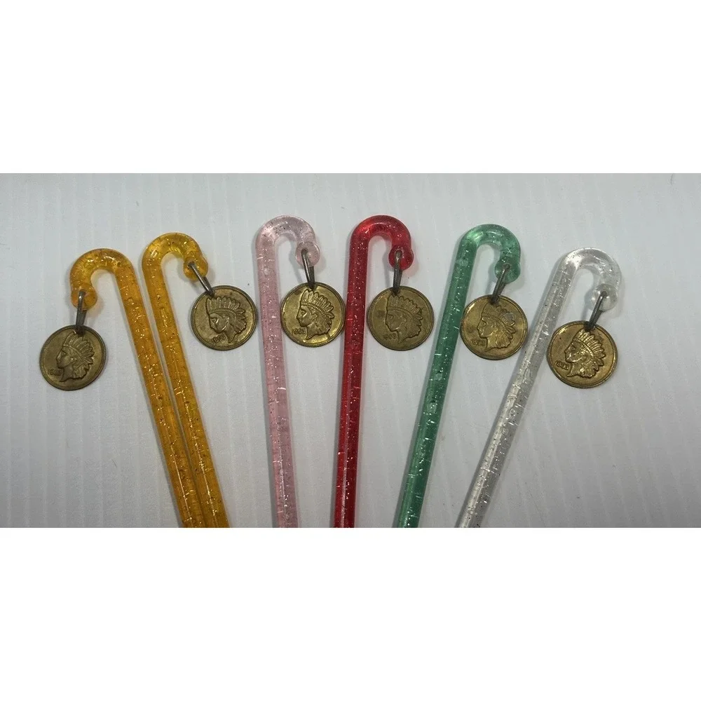 VTG Indianhead Penny Swizzle‎ Stick Drink Garnish Glitter Candy Cain Barware Bar